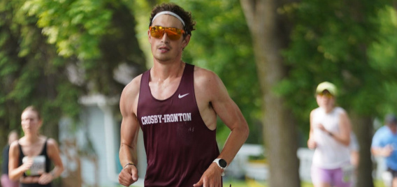 Tucker Ringhand on his way to winning the Fargo Marathon in his debut marathon.